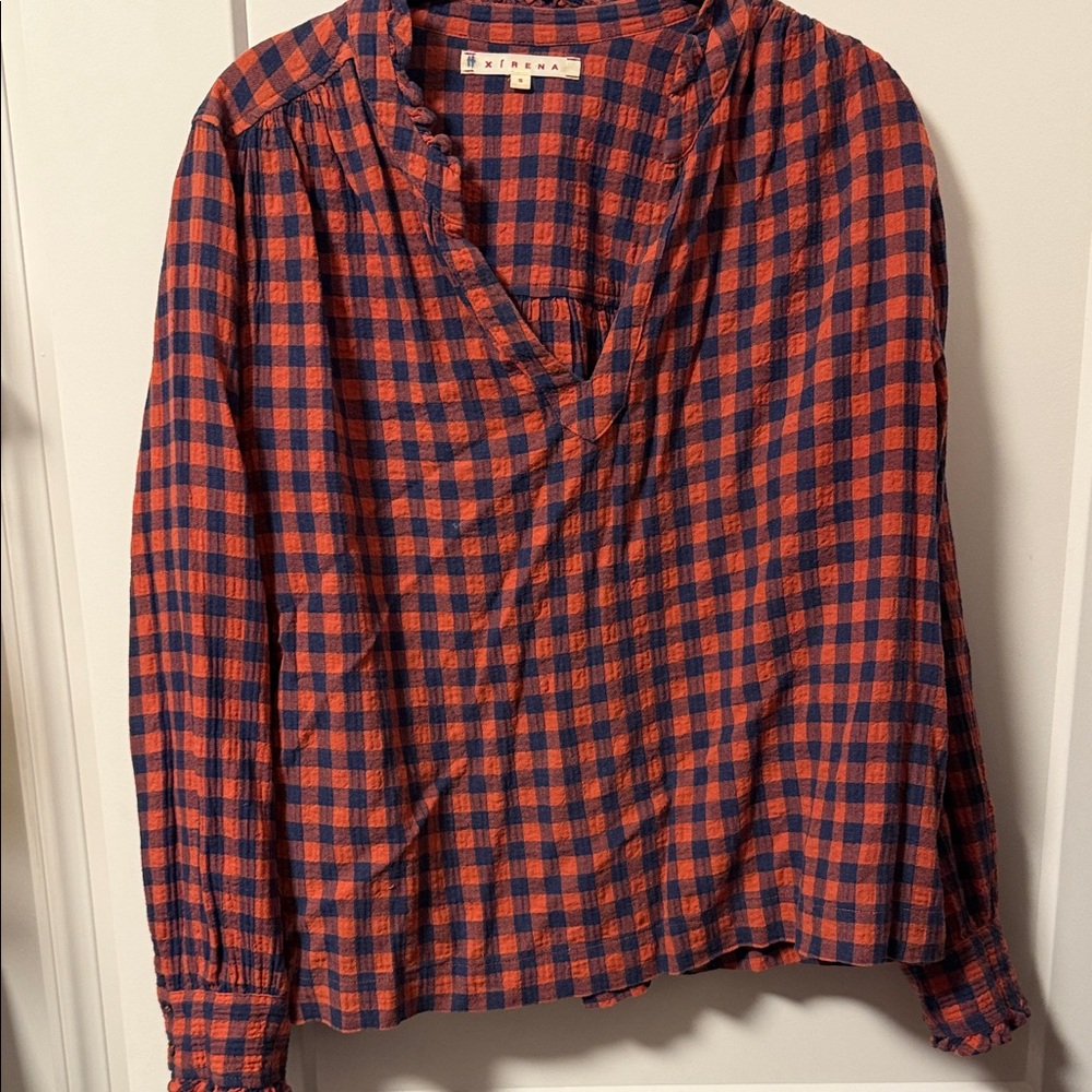 XiRENA Orange and Blue Checkered Top
